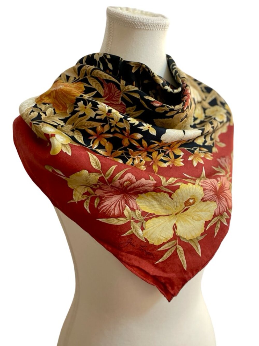 Jim Thompson Floral Silk Scarf 🌺 Rusty Red & Black Botanical Print | 33 x 32 - Picture 6 of 9